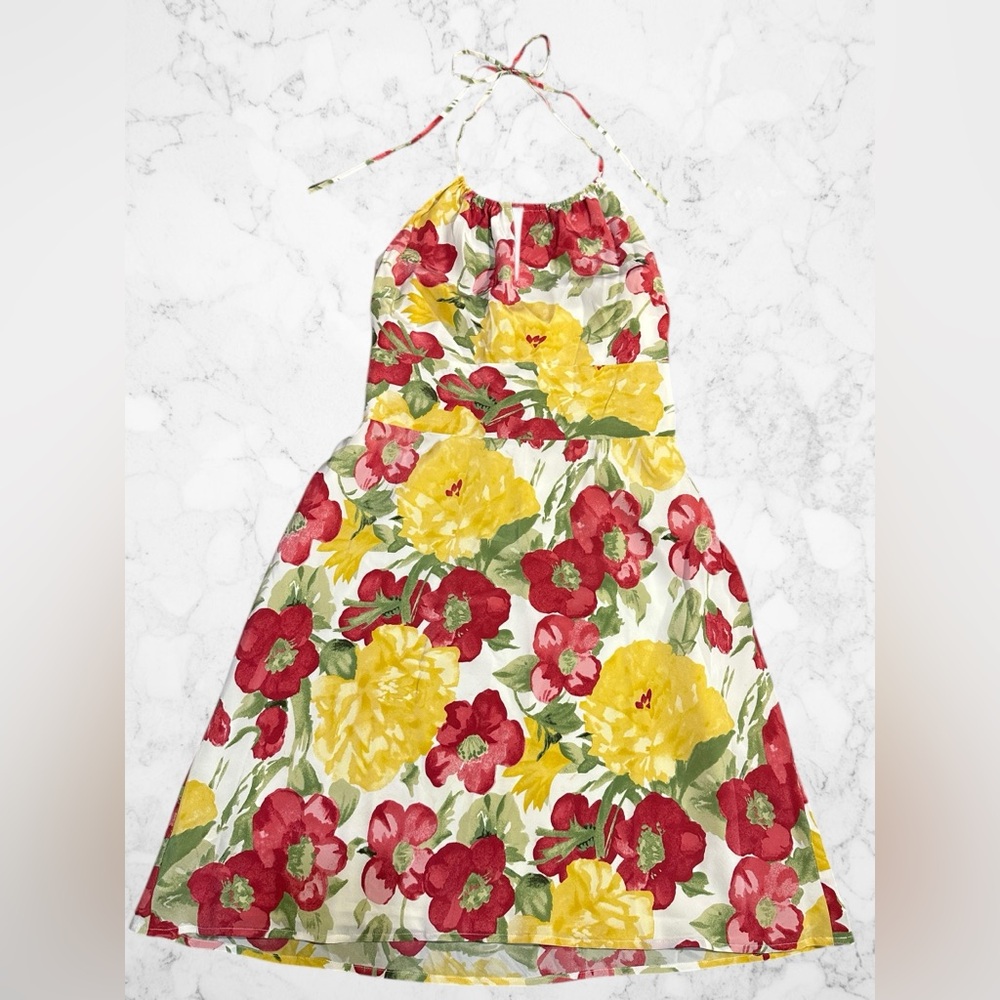 Ann Taylor LOFT Petite Silk Floral Halter Dress 2P Yellow Red - Picture 2 of 9